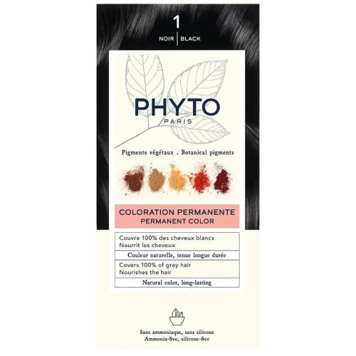Phyto Permanent Hair Color Kit Μόνιμη Βαφή Μαλλιών με Φυτικές Χρωστικές, Χωρίς Αμμωνία 1 Τεμάχιο - 1 Μαύρο
